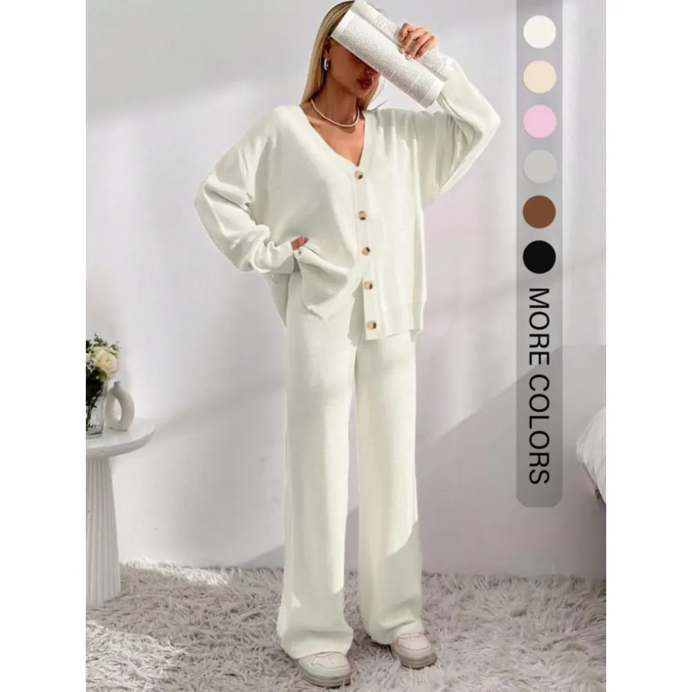 Women's Button Front V-Neck Cardigan & Wide Leg Pants Set