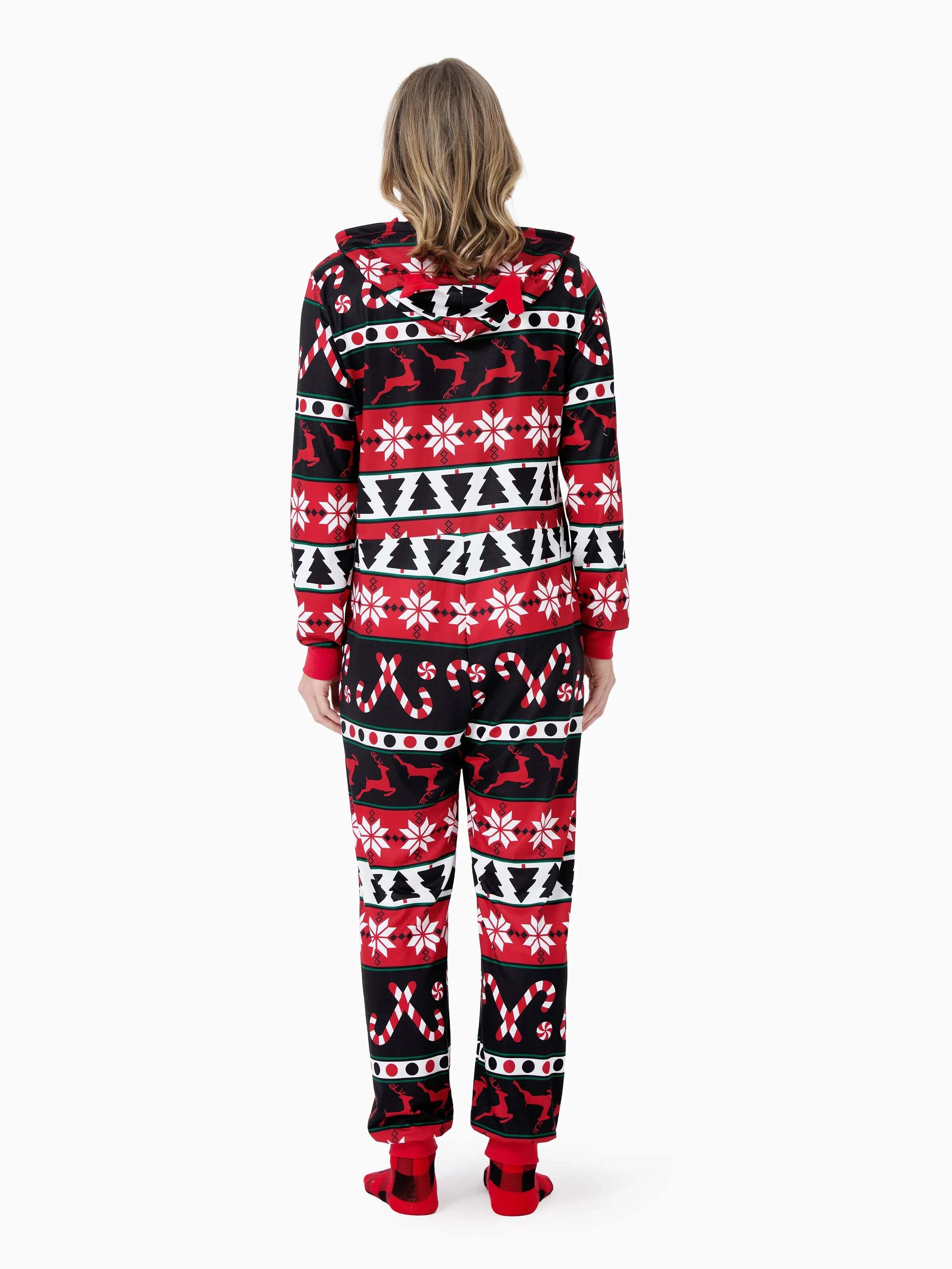 Christmas Pajamas 3D Reindeer Pattern Zipper Hooded Onesies Matching Family Outfits red/black