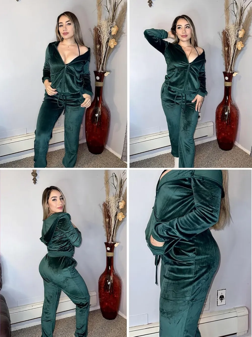 Women's Casual Velour Tracksuit Set Full Zipper Hoodie