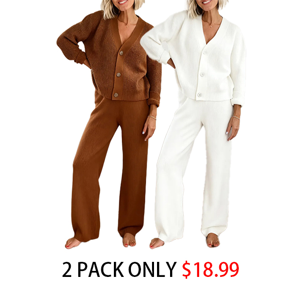 Last day discount- 50% OFF Solid Textured Knit Button Cardigan & Pants Set
