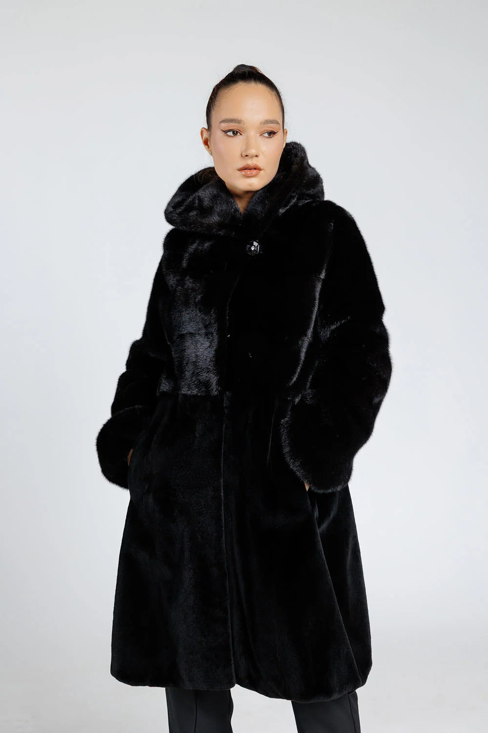 Haină din Blană Naturală de Vizon și Rex Chinchilla, cu Glugă, Femei, Diamond 391