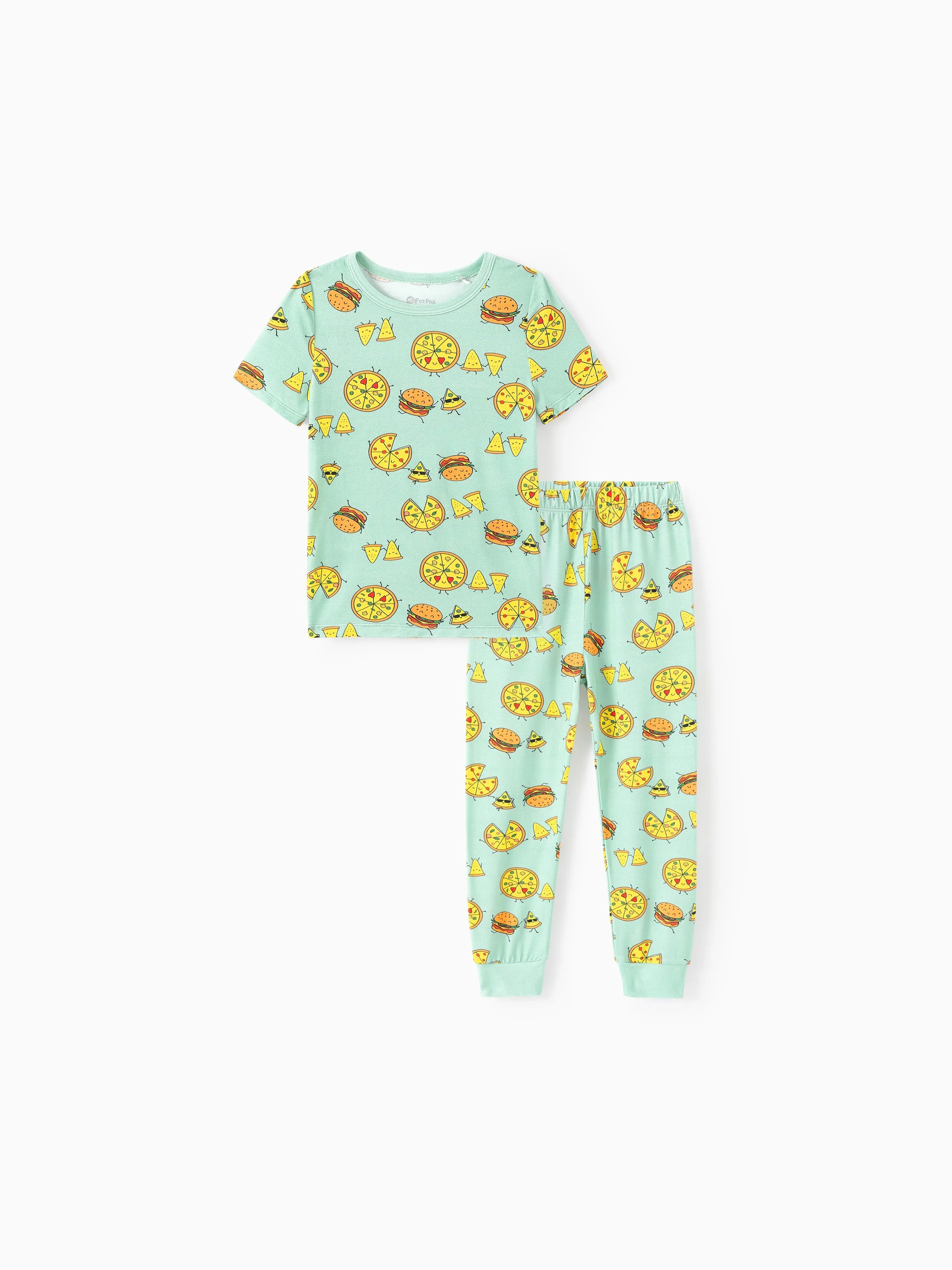 Bamboo Family Mint Green PJs Cute Cartoon Food Theme Print Short Sleeve & Long Pants Sleepwear Matching Pajama set (Snug-Fitting for Children) Light Blue