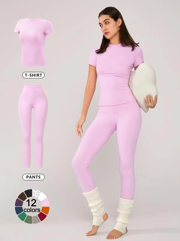 Women's Solid Short Sleeve Tee & Leggings Loungewear, Casual Comfy Round Neck Top & Skinny Pants PJ Set