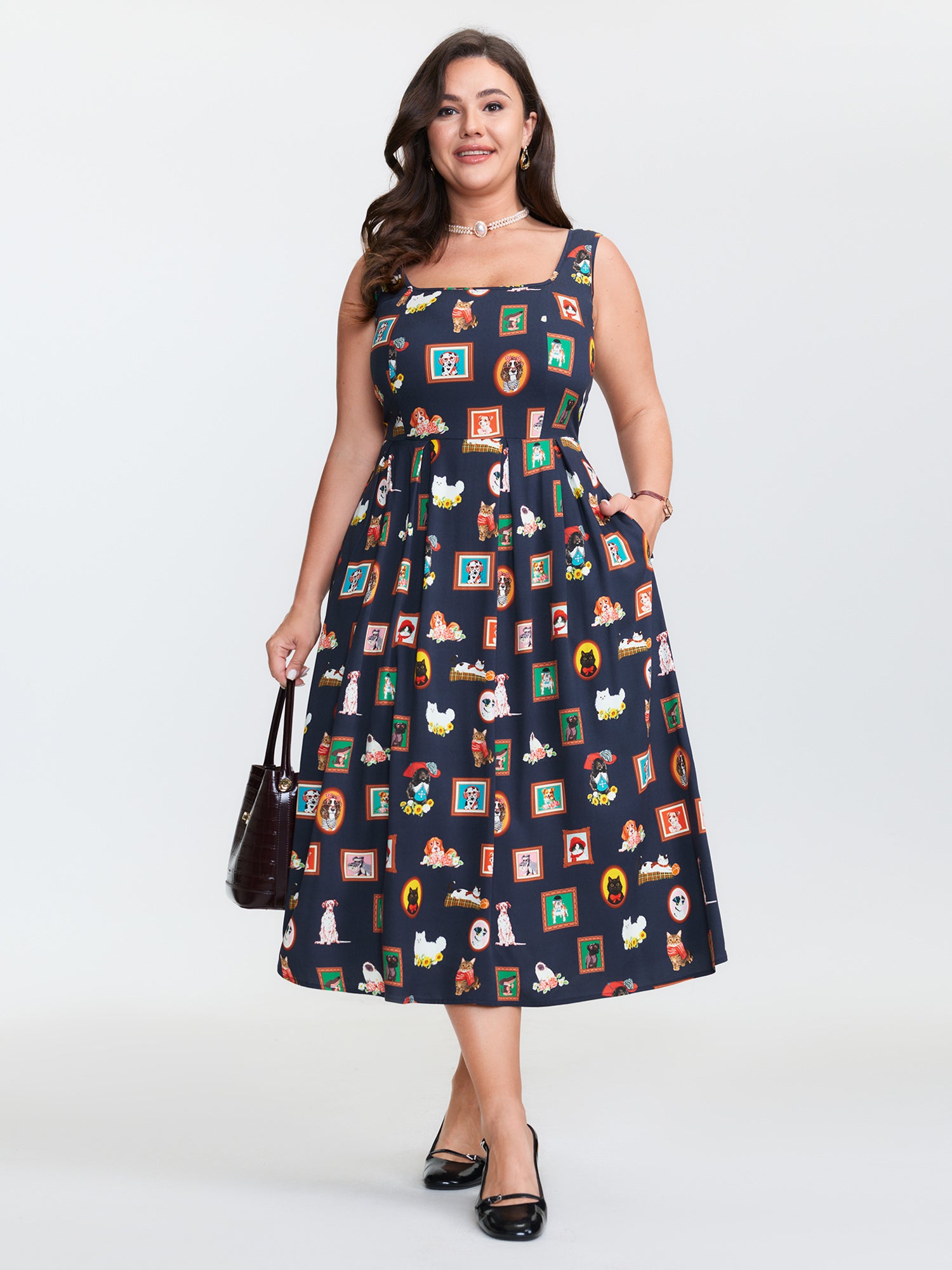 Pet Print Shirred Stretchy Back Midi Dress