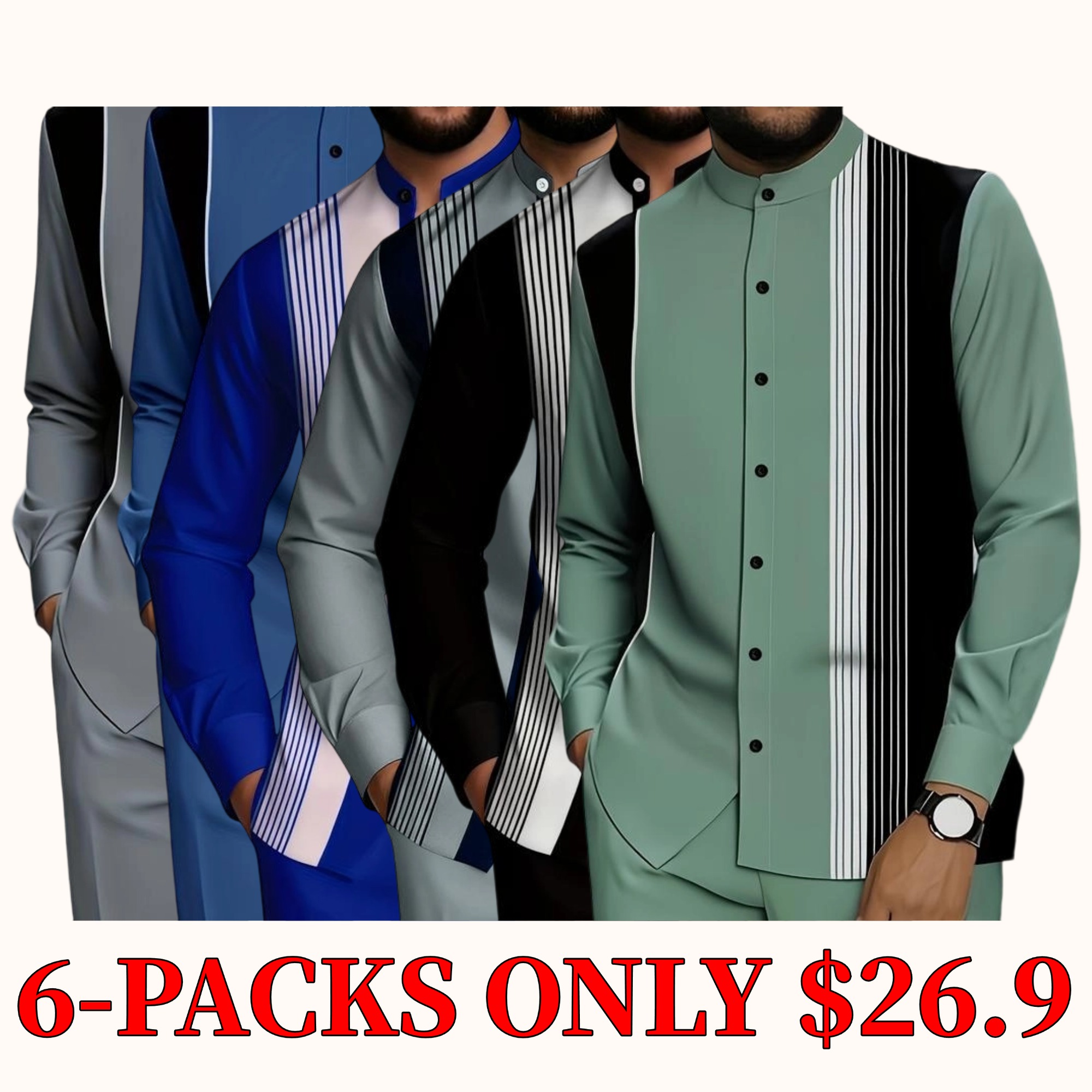 Men's two-piece set, including a black and white vertical striped button-down shirt and a pair of drawstring waist casual pants