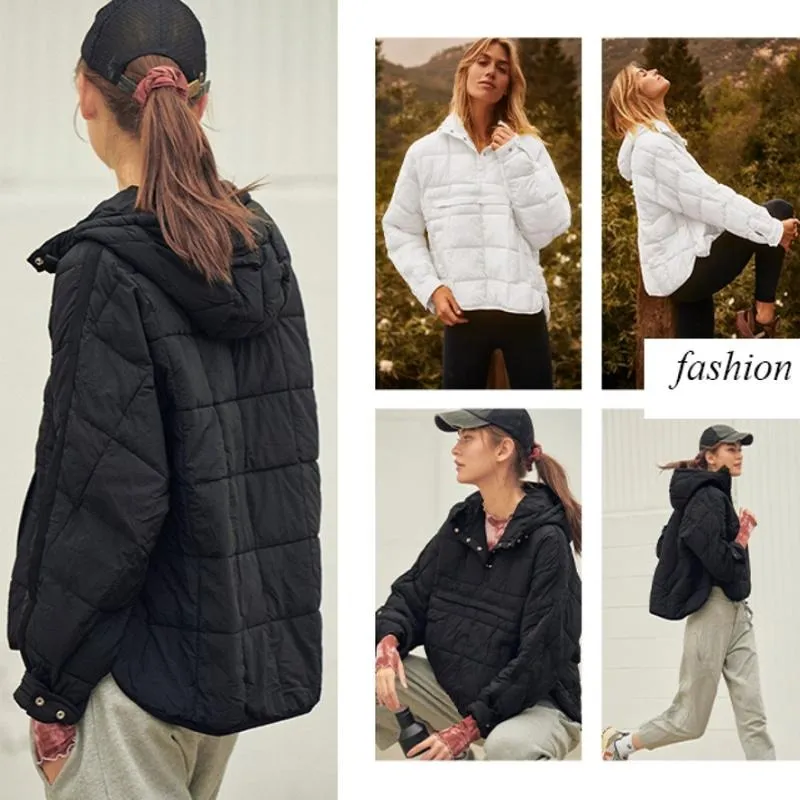 Women's oversized down jacket with quilted batwing sleeves pullover