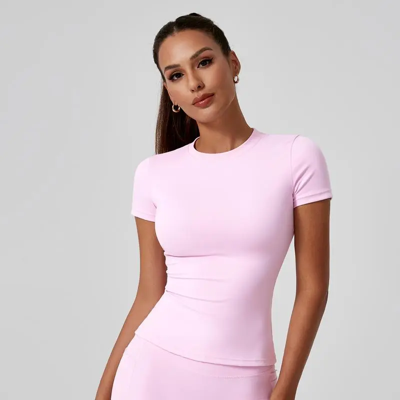 Solid color sports T-shirt set, crew neck, slim fit, stretchy style