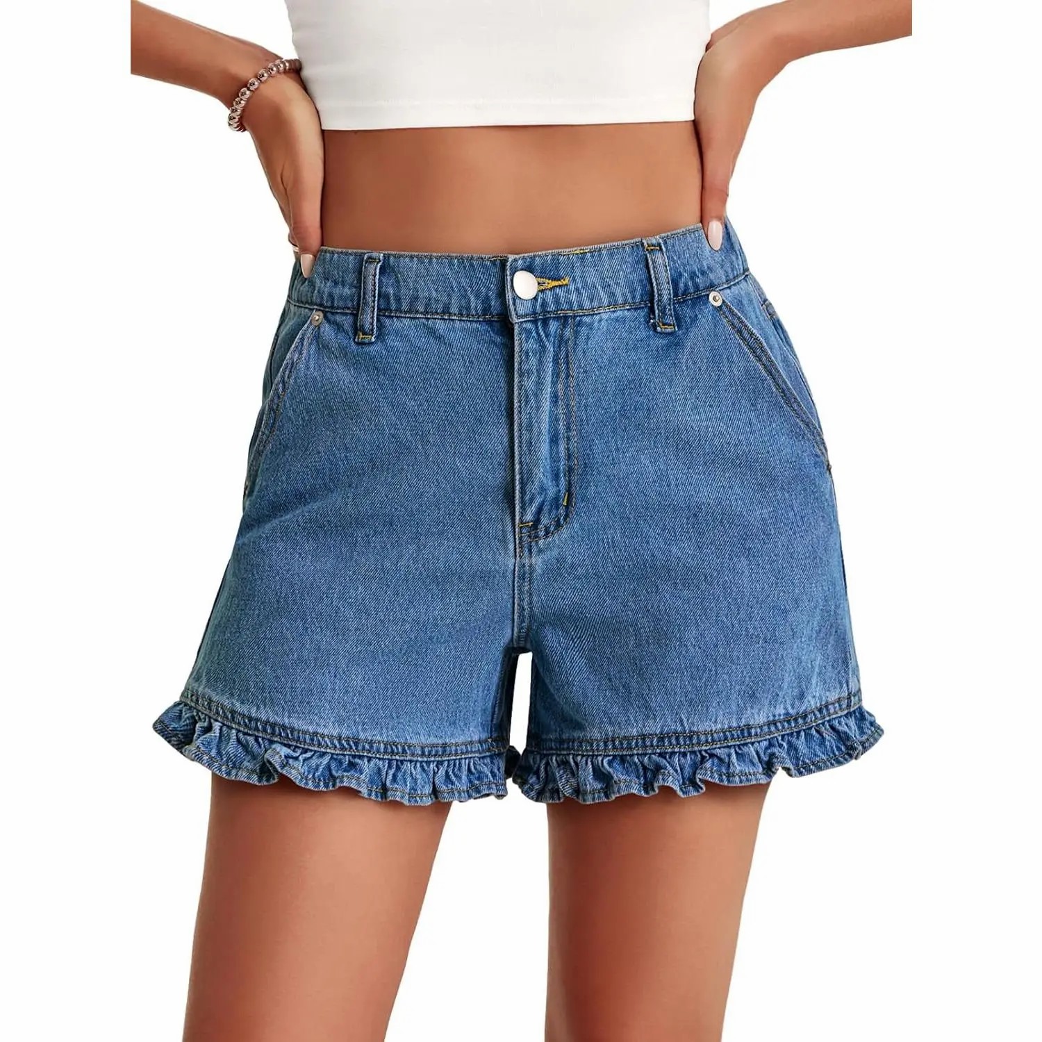 Women's High Waisted Ruffle Denim Shorts – Cute Cotton Summer Jeans with Pockets