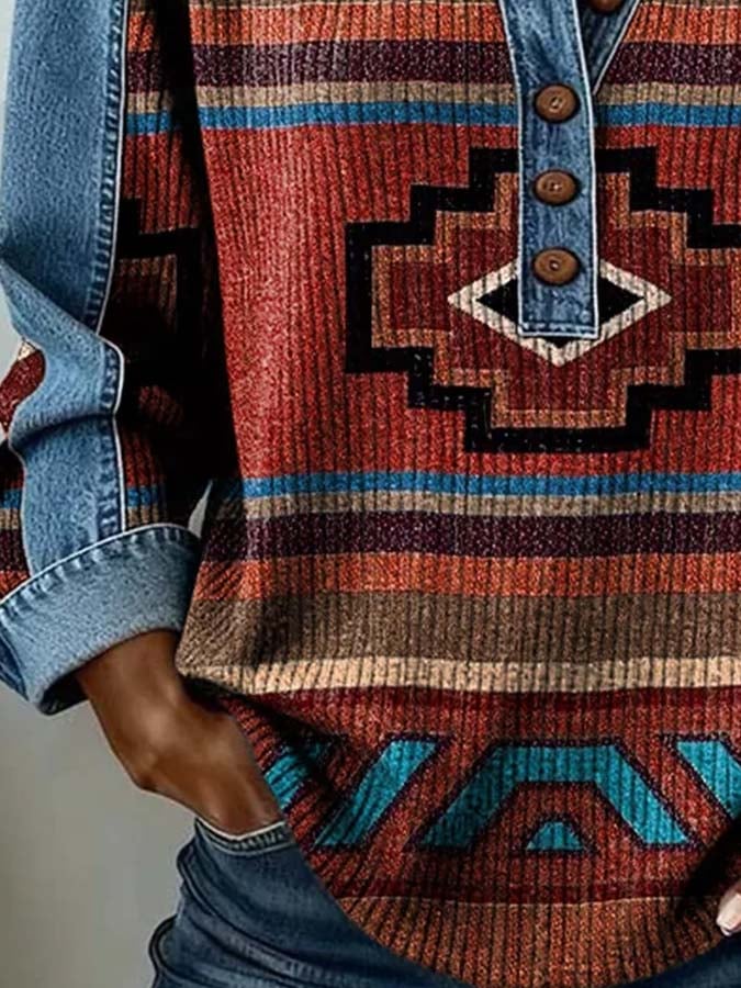 Women'S Casual Color-Block Printed Patchwork Pullover Sweatshirt