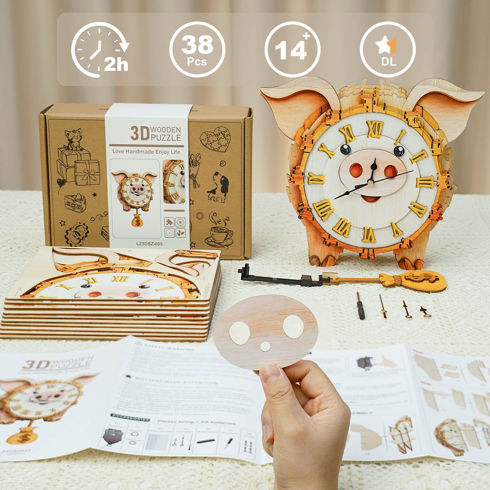 Pig – DIY Wooden Clock, 3D Puzzle Craft Kit