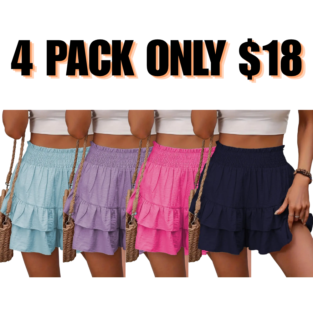 ✨Women's Frill Trim Ruffle Hem Shirred High Waist Shorts, Boho Casual Tiered Layer Shorts🩳