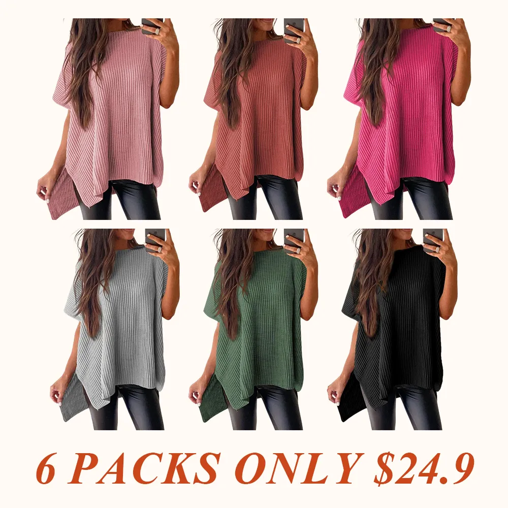 Women’s Crew Neck Short Sleeve Pullover Elegant Solid Color Knitwear