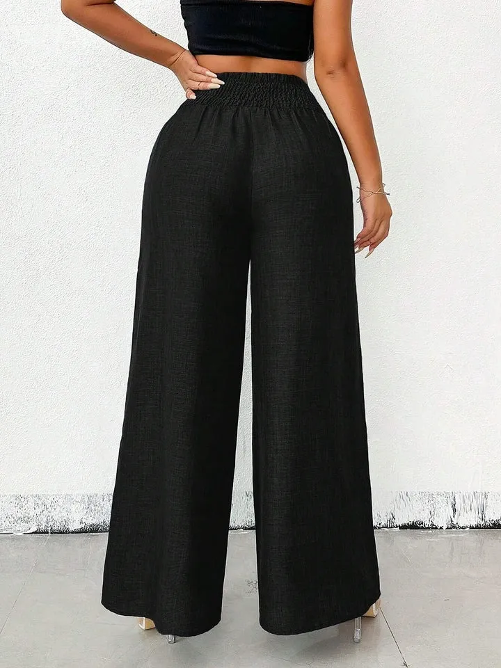 Women's Solid Color High-Waisted Pants, Stretchable Loose-Fitting Wide-Leg Trousers