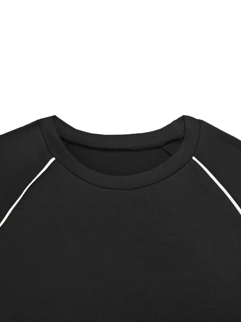 Women's Fashion New Round Neck Solid Color Patch Long Sleeve Top & Pants Set, Two-Piece for Casual Wear