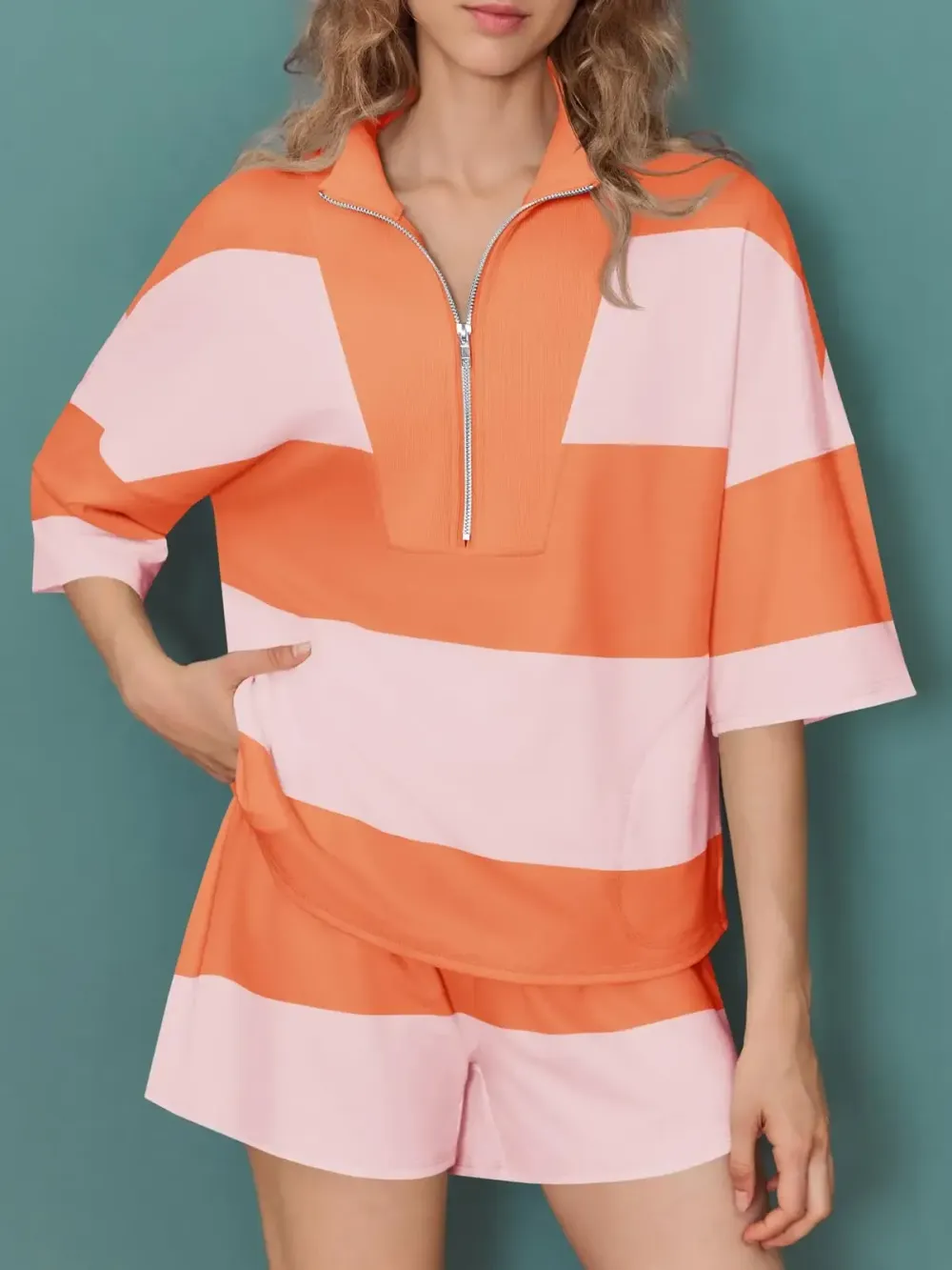 Womens 2 Piece Outfits Summer Striped Sweatshirt Workout Shorts Sets Matching Lounge Set