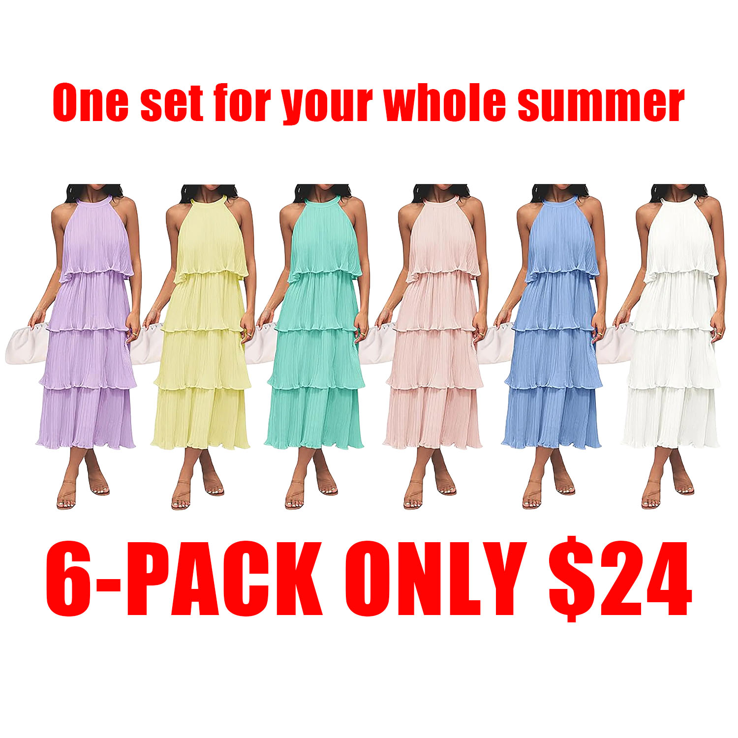 Women's 2025 Summer Sleeveless Halter Neck Ruffle Tiered Layed Chiffon Flowy Swing Long Midi Dress