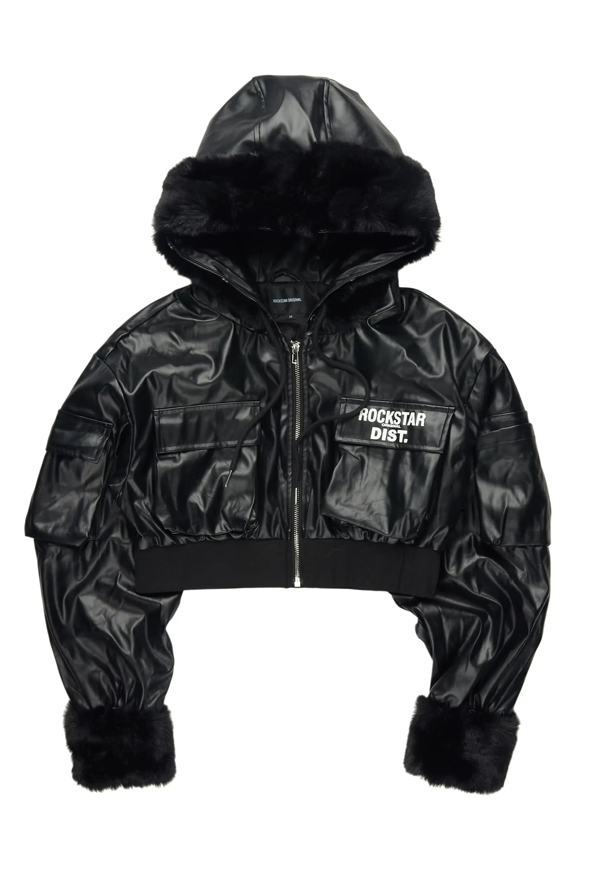 Amyia Black PU Jacket With Fur Hoodd