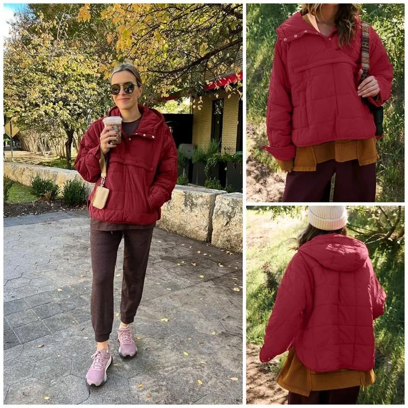 Women's oversized down jacket with quilted batwing sleeves pullover