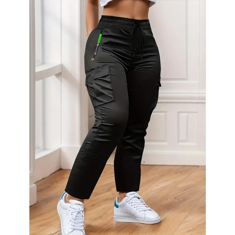 Women's Heavy-Duty Cargo Pants with Multi-Zipper Pockets & Neon Green Accents
