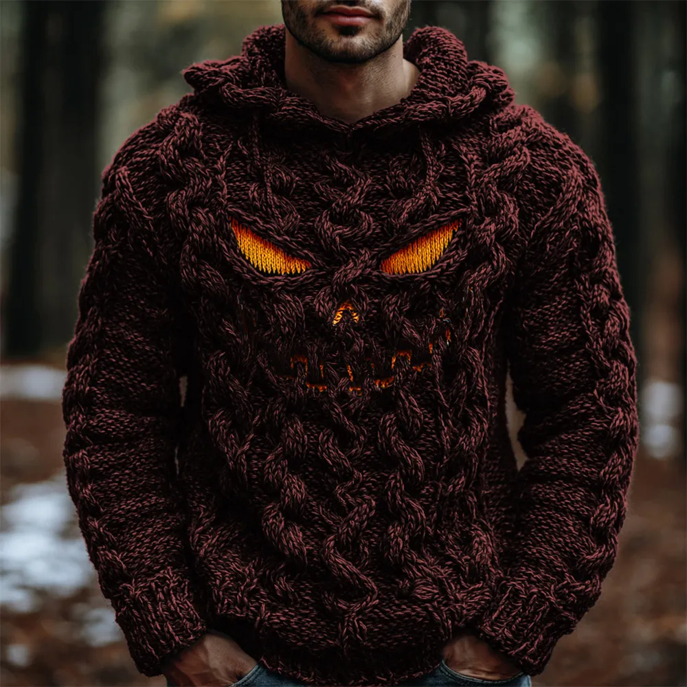 Halloween Evil Pumpkin Emoji Men's Chunky Knit Hooded Sweater