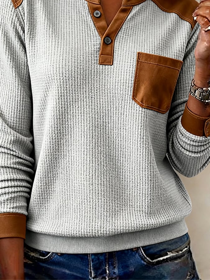 Women's Casual Henley Collar Contrast Sweatshirt