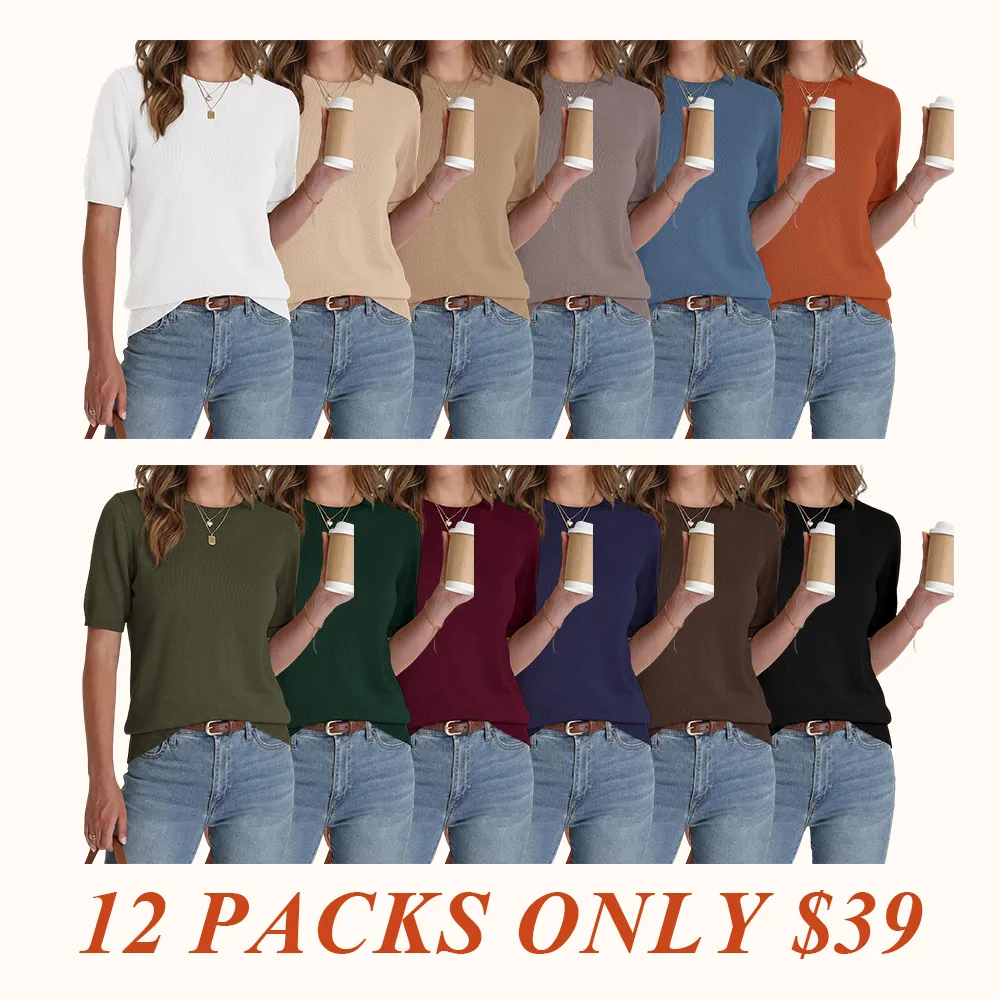 Women's Short Sleeve Sweater Spring Tops Crew Neck Lightweight Pullover Loose Dressy Casual Blouse 100% Viscose Basic Clothes