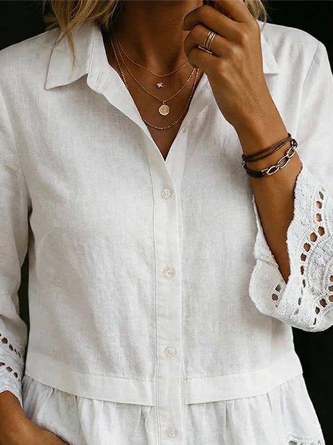 Women's Casual Collared Hollow-Out Patchwork Shirt- Fast Shipping