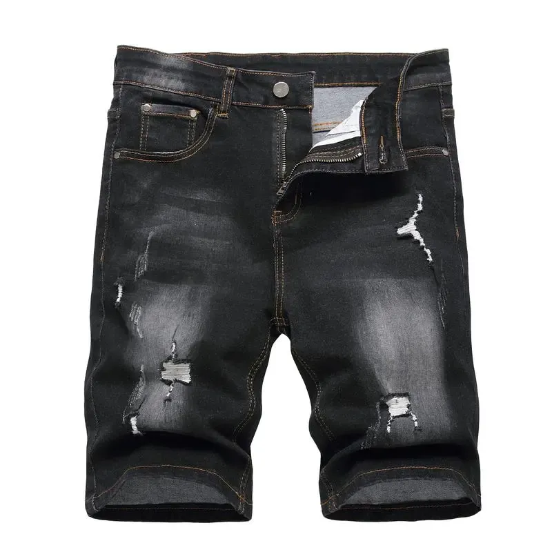 Men's Ripped Denim Shorts, Stretch, Distressed Street Style