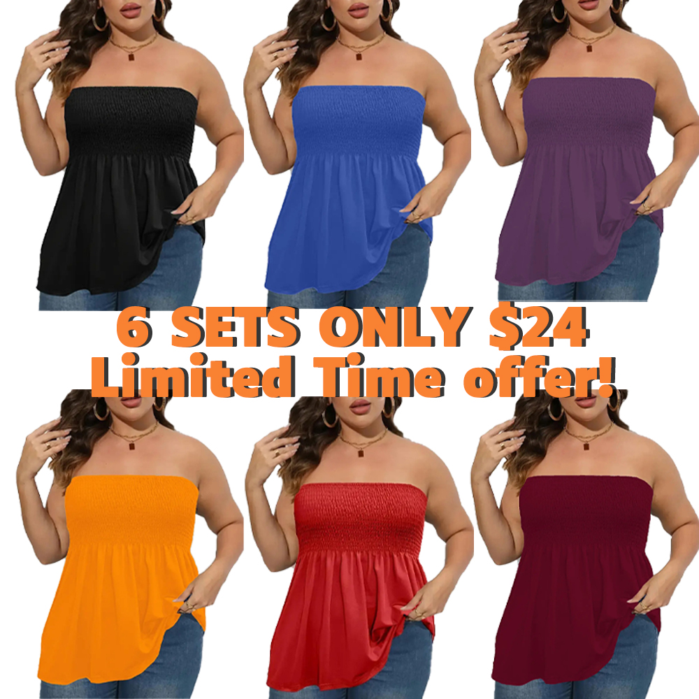 🔥🔥6 PACKS $24|Plus Size Solid Ruffle Hem Shirred Tube Top