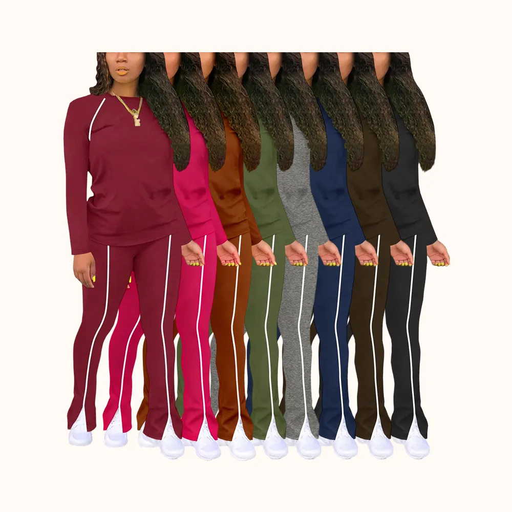 Women's Fashion New Round Neck Solid Color Patch Long Sleeve Top & Pants Set, Two-Piece for Casual Wear