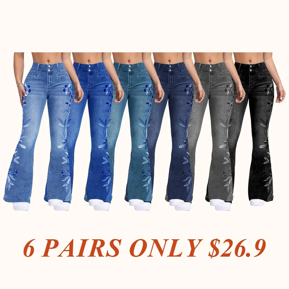 Women's denim printed flared pants