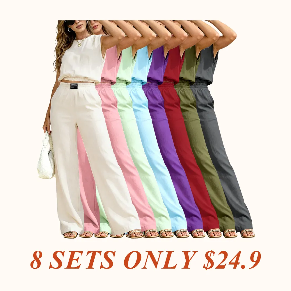 Viral Summer Two Piece Outfit for Women, Womenswear Sleeveless Crop Top and High Waist Wide Leg Pants