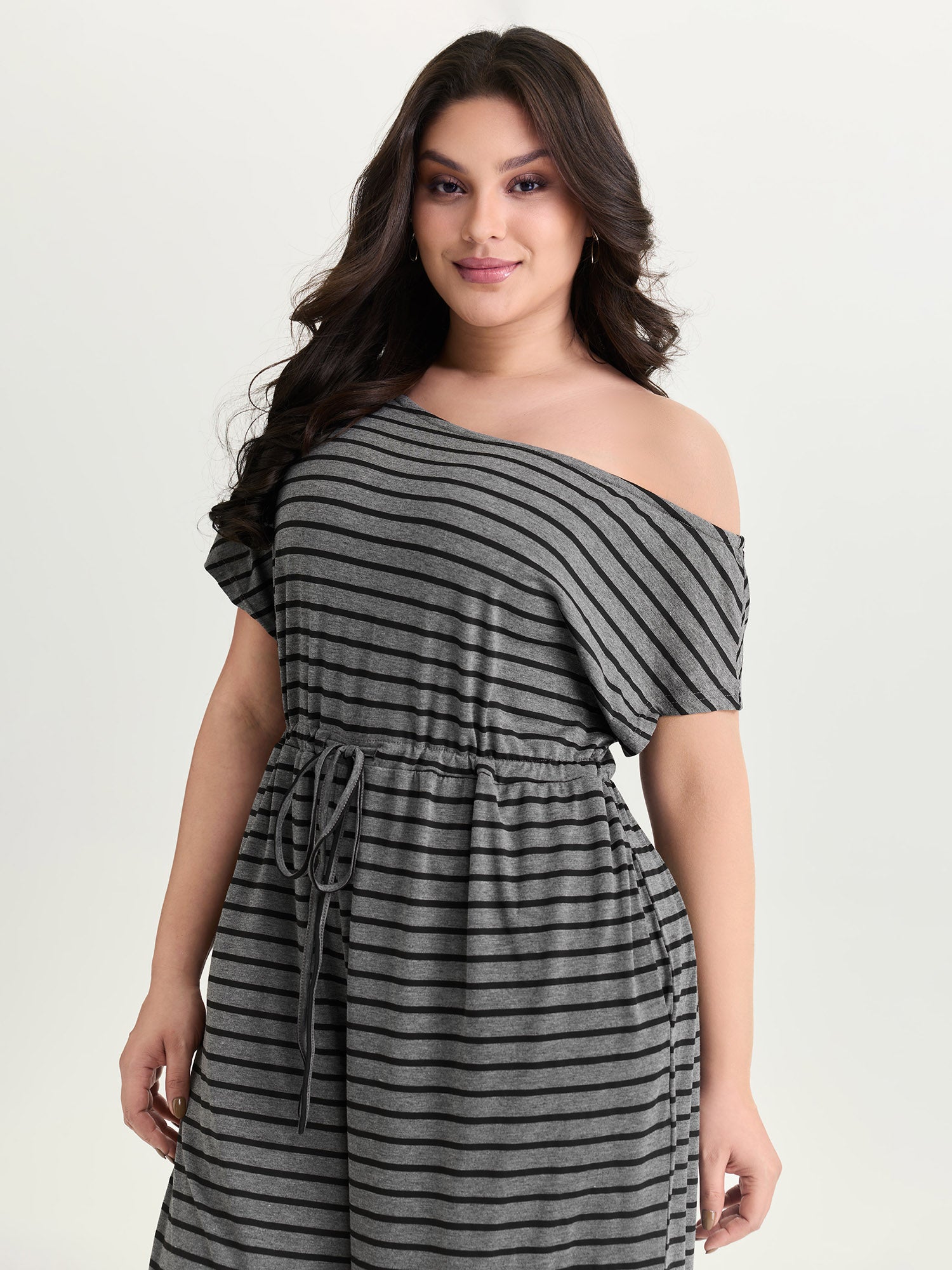 Striped One-Shoulder Pockets Jumpsuit