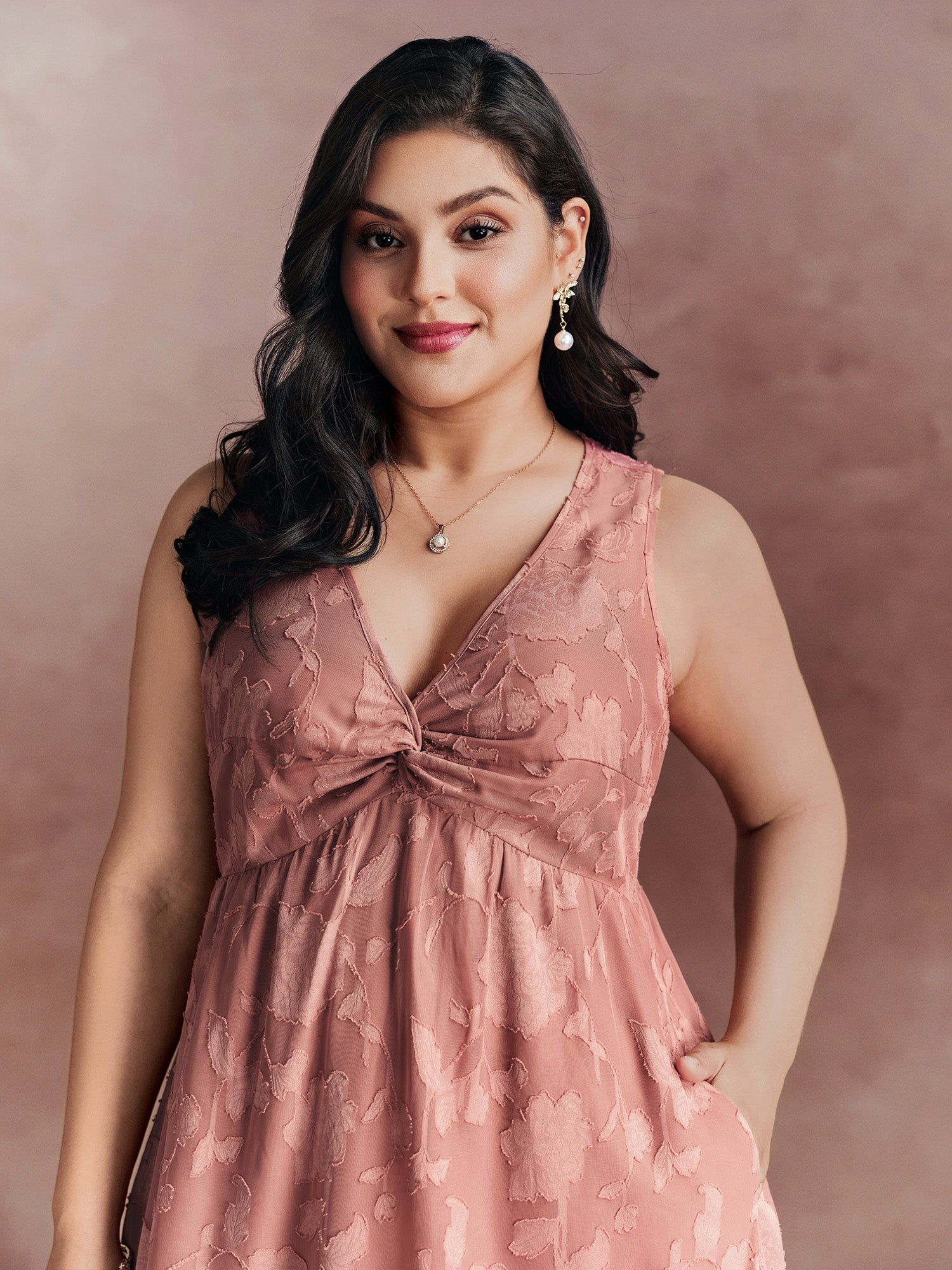 Floral Charm Twist-Front Jacquard Maxi Dress