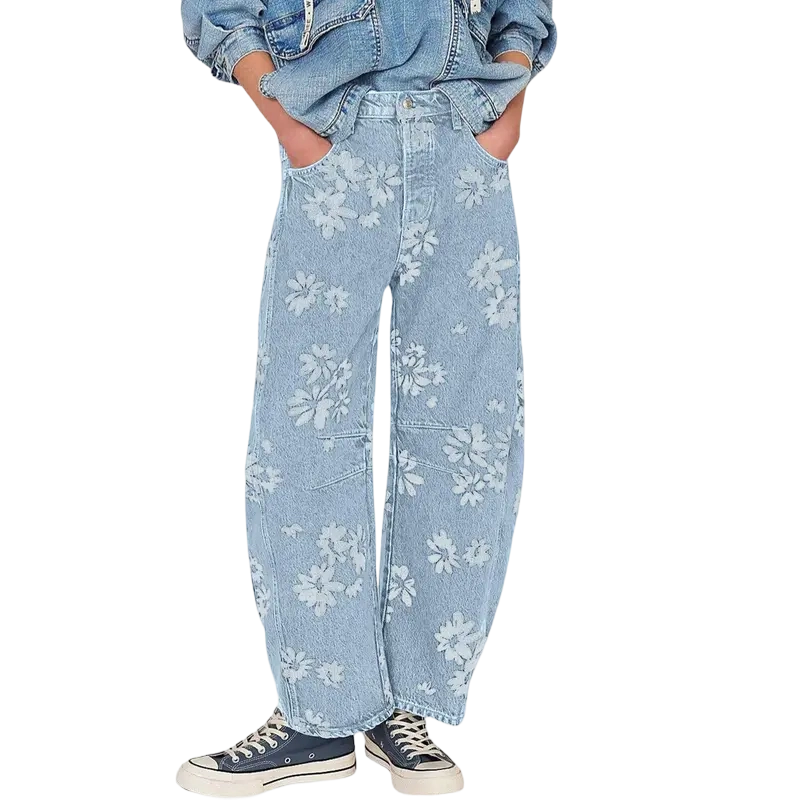 Women's Minimalist Floral Denim Jeans — Y2K Style Loose Wide-Leg Pants