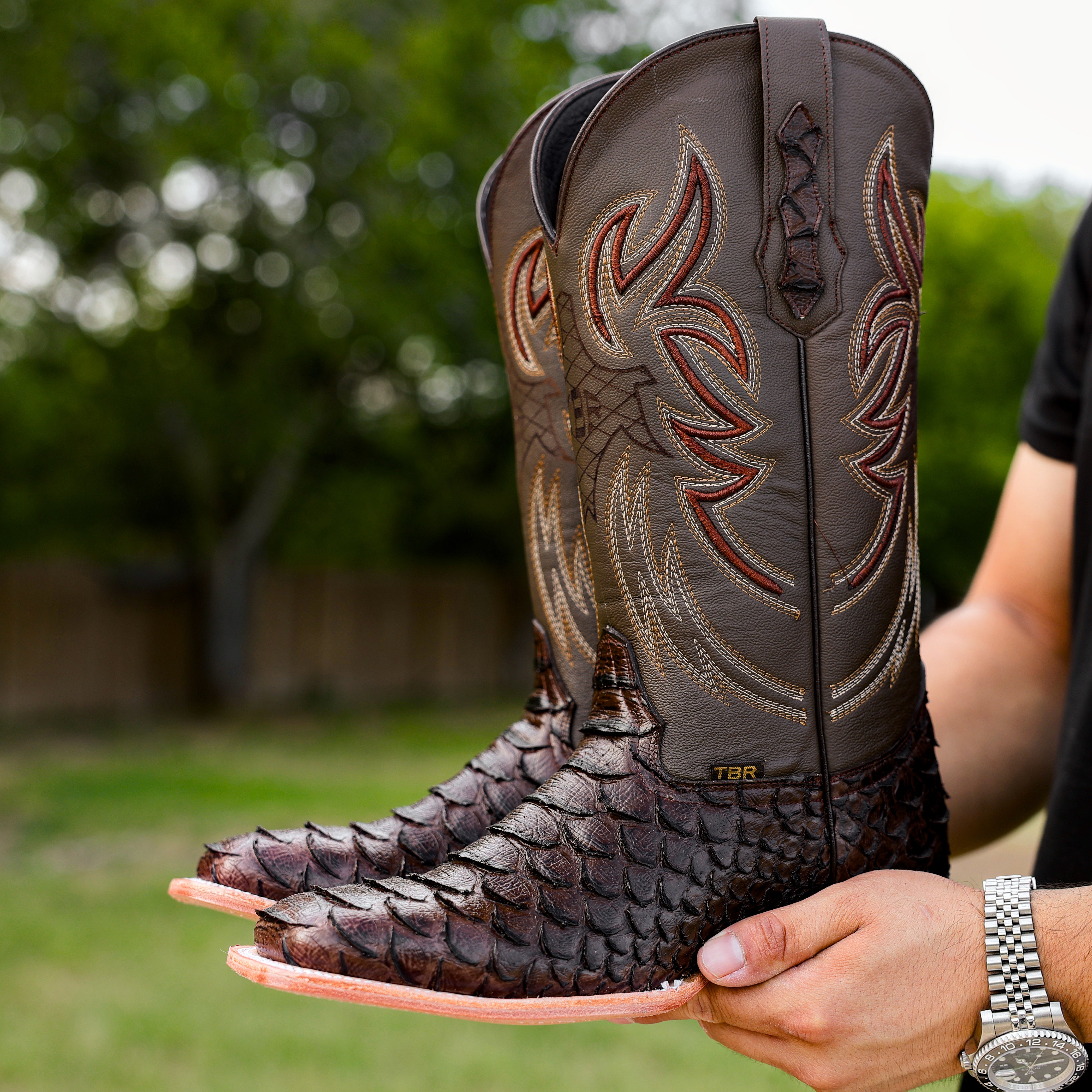 Chocolate Brown Python Leather Boots - Square Toe