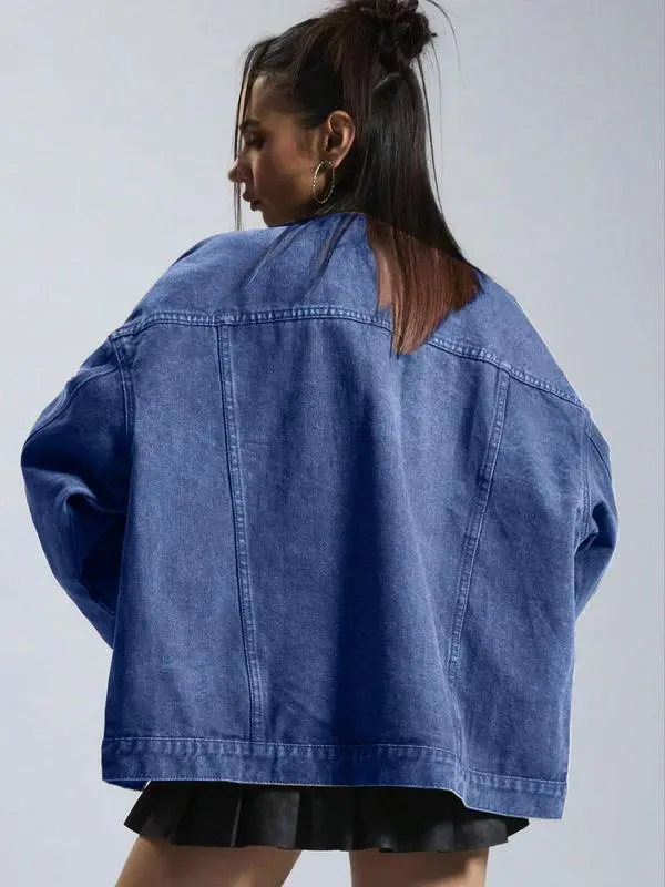 Women's Plain Button Front Drop Shoulder Denim Coat