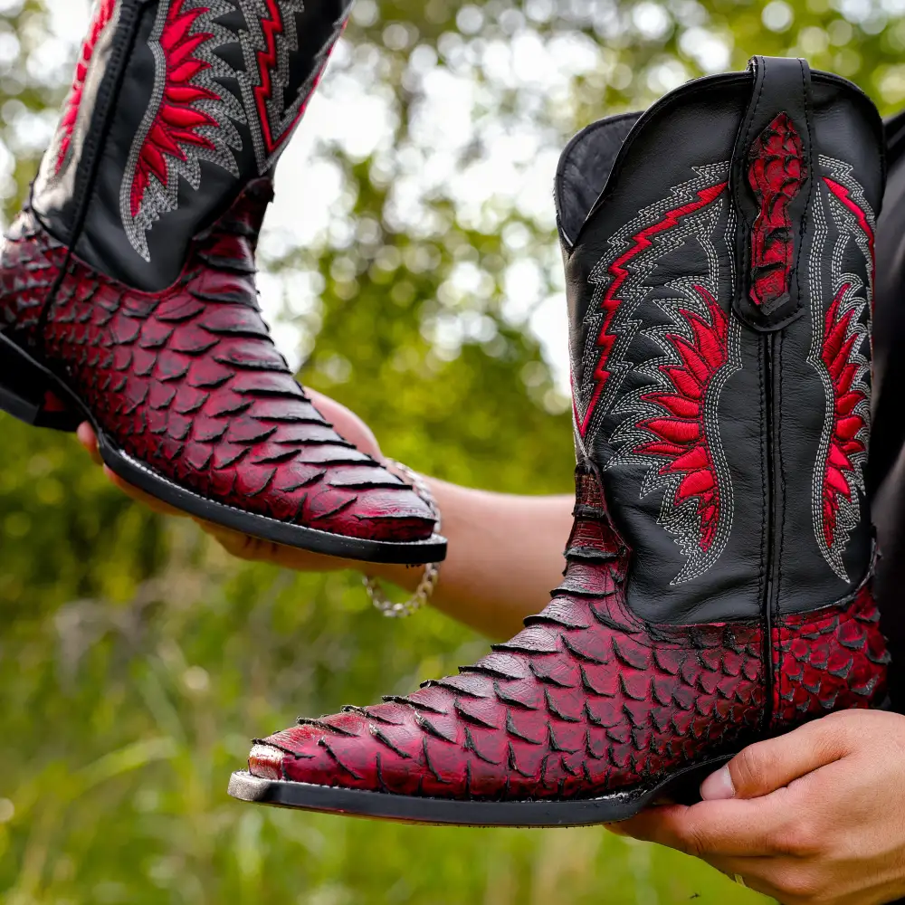 Black Cherry Python Leather Boots - Square Toe