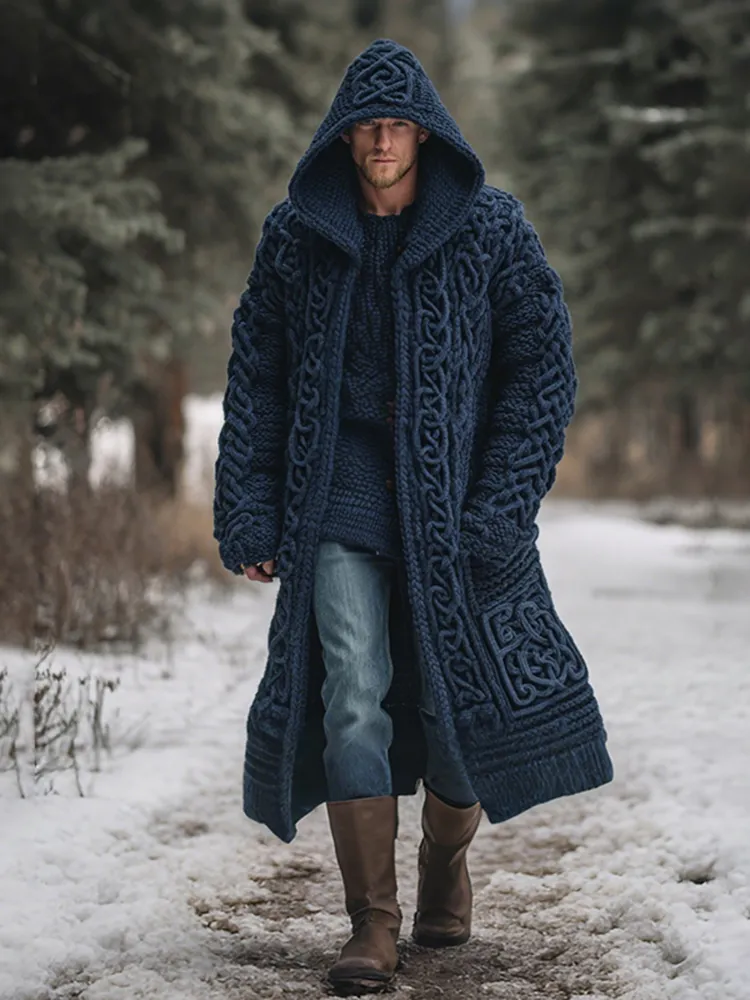 Men's Viking Celtic Knot Art Mid-length Chunky Knit Cardigan Sweater