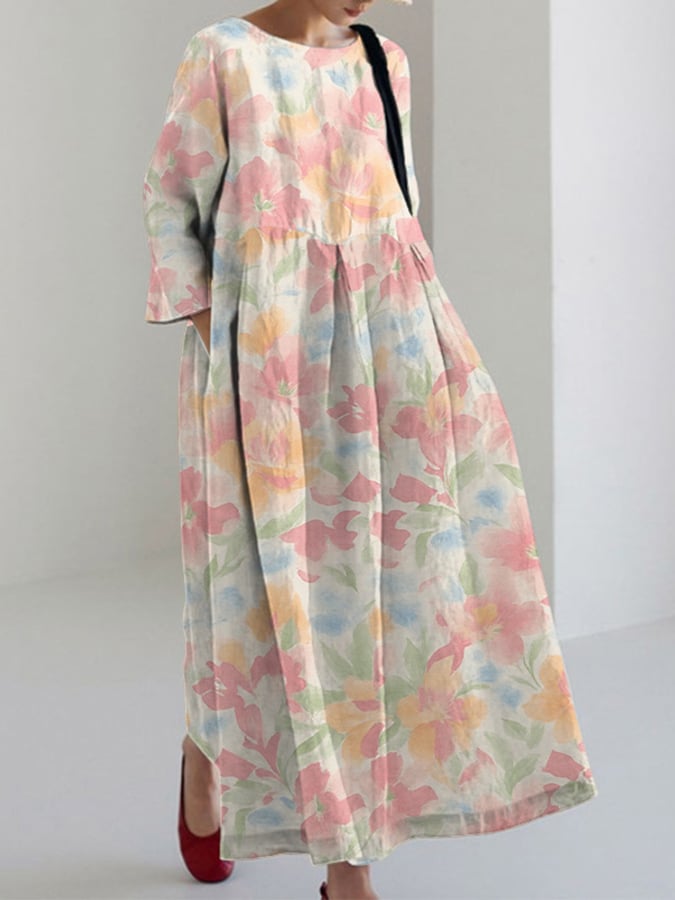 Women's casual cotton and linen floral dress- Fast Shipping
