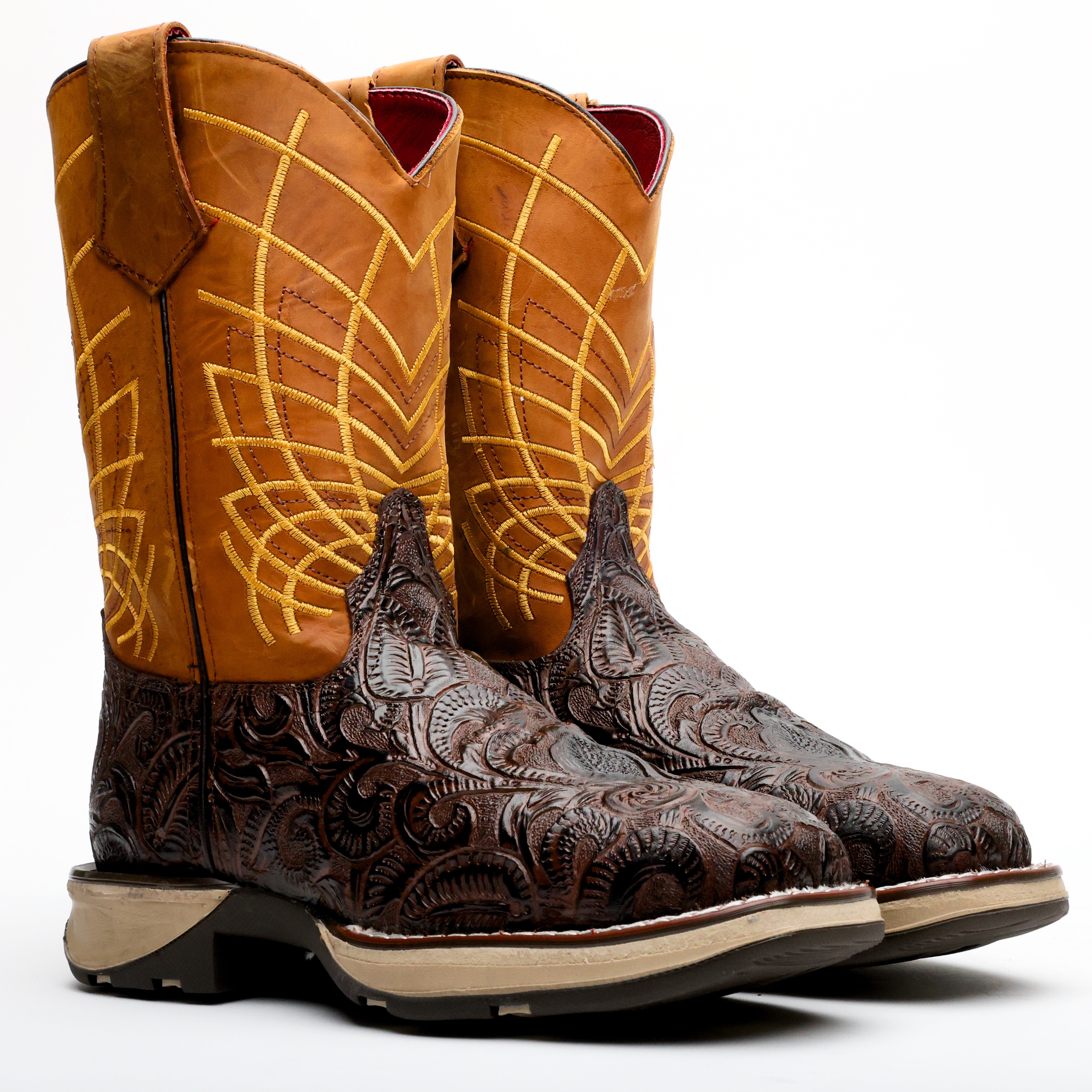 TBR Brown Hand-Tooled Leather Boots With 3D Lightweight Sole - Composite Toe