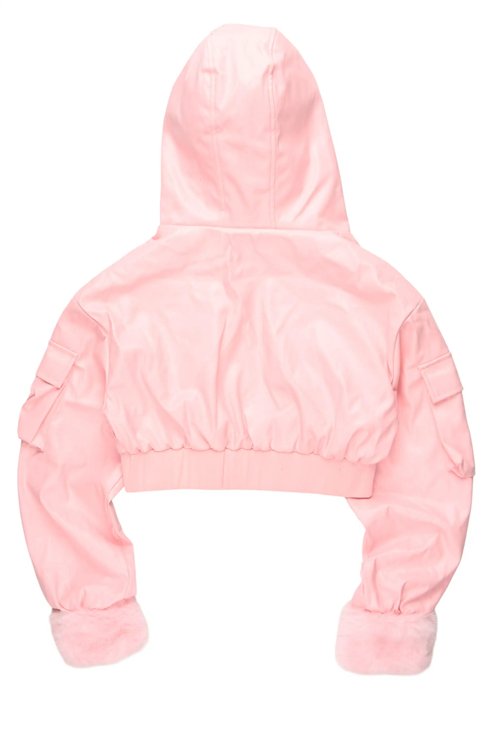Amyia Pink PU Jacket With Fur Hood