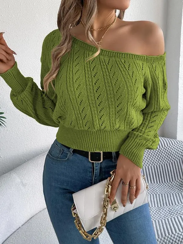 Women's Plain Textured Hollow Out Asymmetrical Neck Sweater