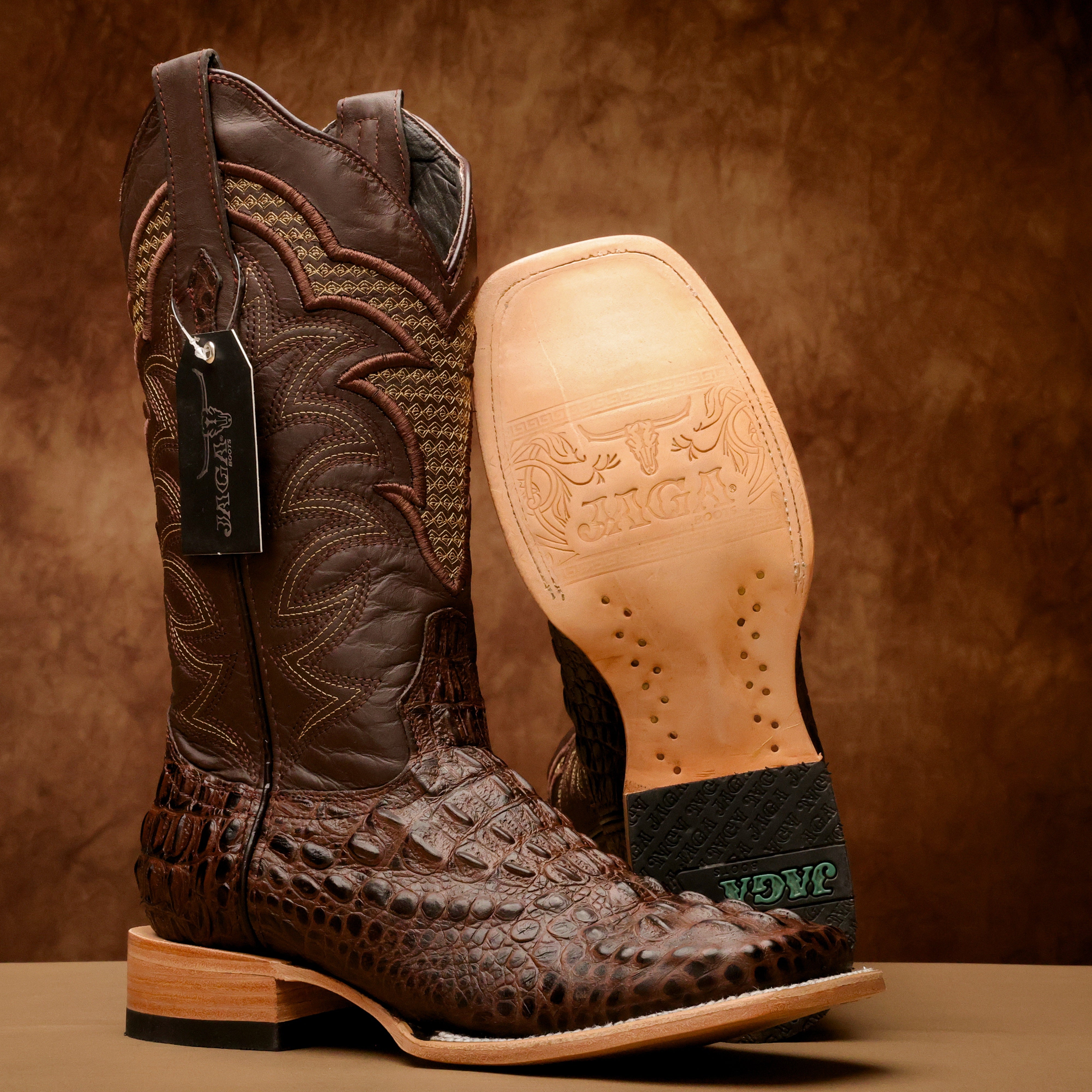 Brown Caiman Neck Leather Boots - Square Toe
