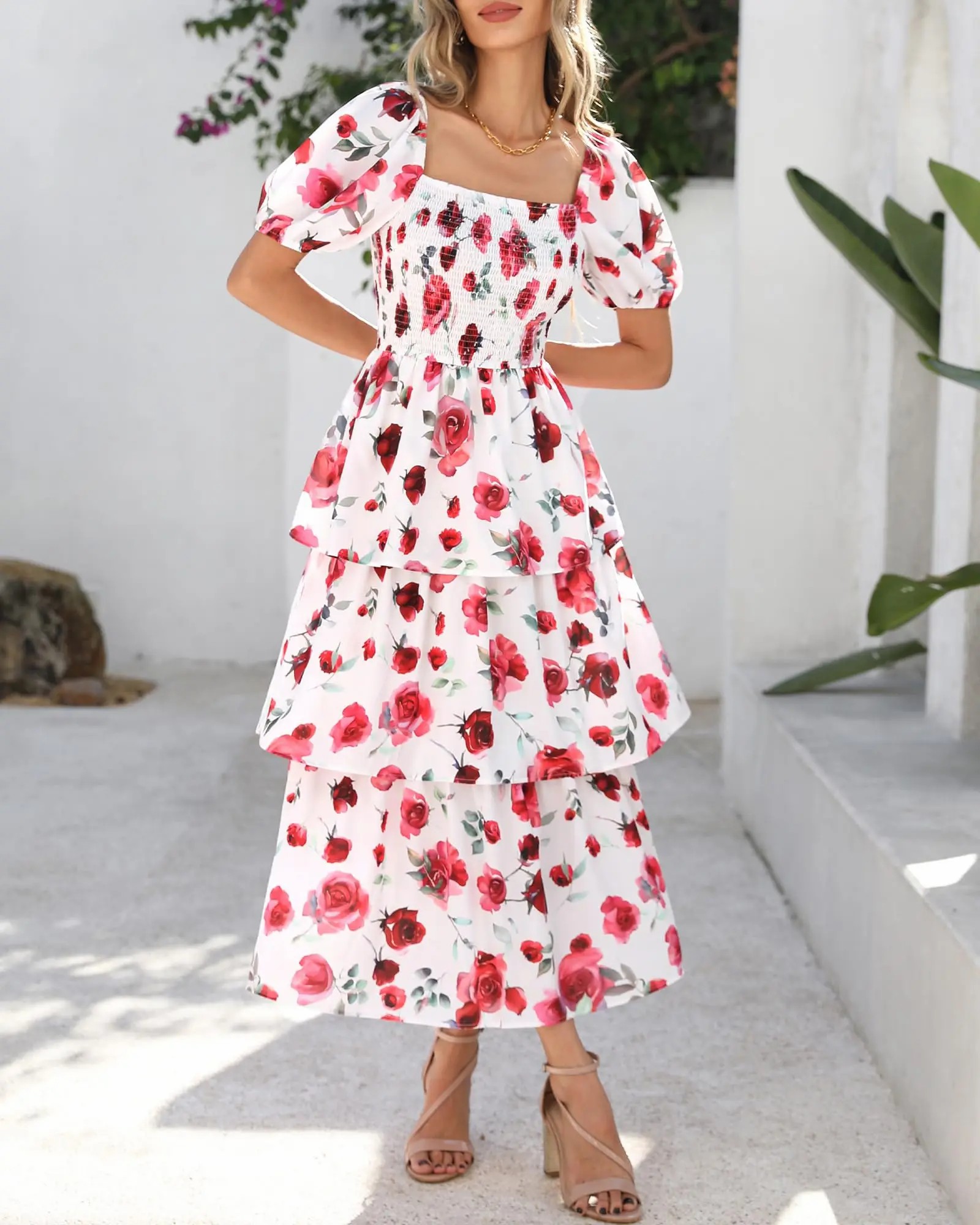 Women's Square Neck Smocked Dress with Puff Short Sleeve Floral Casual Ruffle Tiered Wedding Guest Dress
