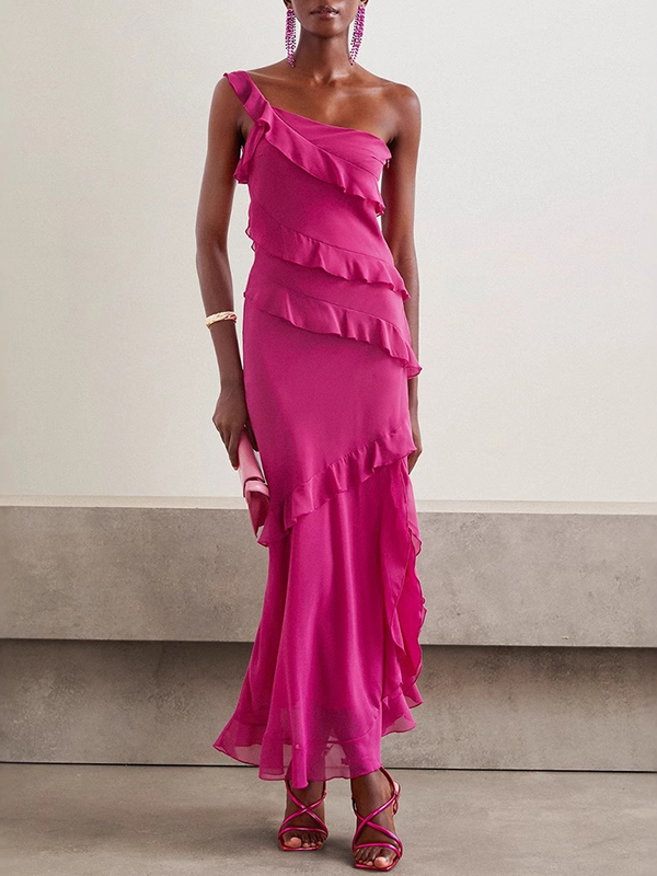 Solid Color Ruffled Asymmetric Sleeveless Elegant Wrap Maxi Dresses