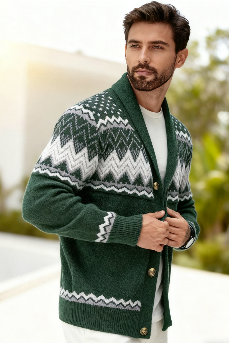 Men's Green Fair Isle Shawl Collar Cardigan
