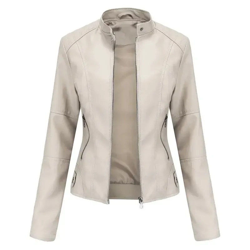 Women's Slim Fit Faux Leather Jacket Stand Collar Motorcycle Style Spring Autumn