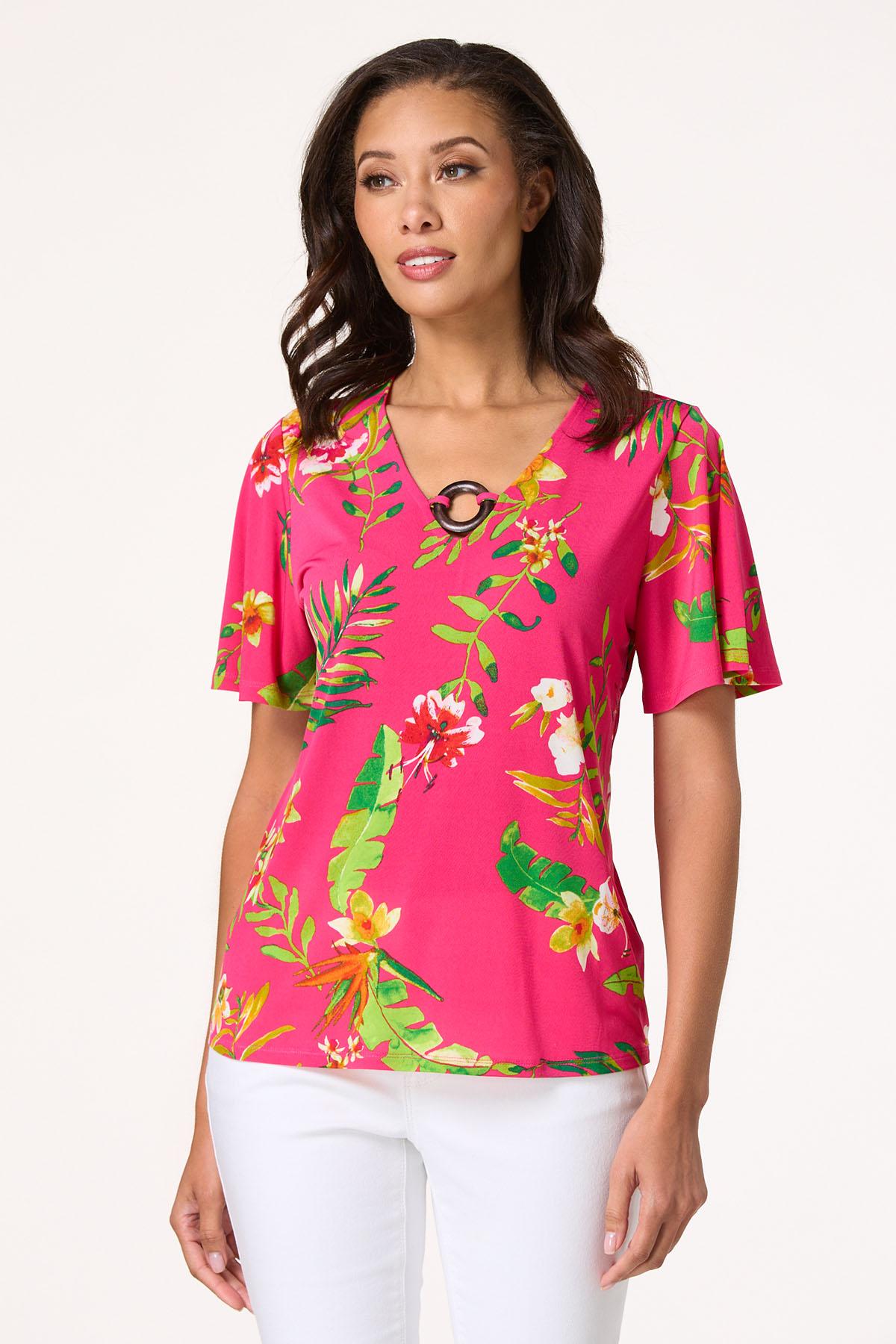 Tropical Wood Ring V- Neck Top