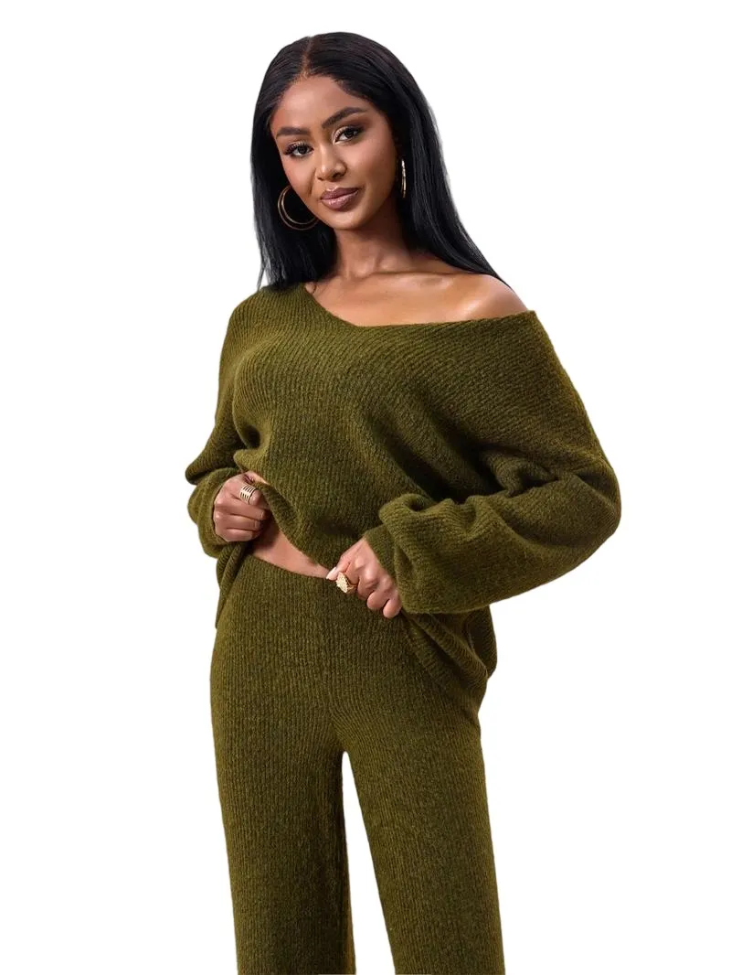 Two-piece Set Women's Solid Color Drop Shoulder Sweater & Pants